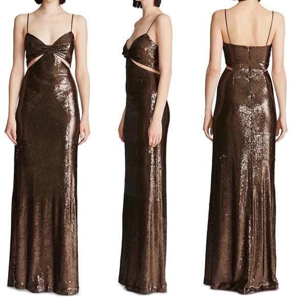 Halston Chloe Cutout Sequined Tulle Gown, Brown Size 4 New w/Tag Retail $595 - Picture 3 of 16